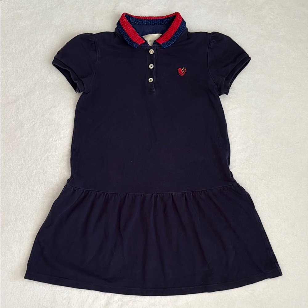 Gucci | Heart Patch Stripe Knit Collar Short Sleeve Pique Polo Dress Navy Blue 8